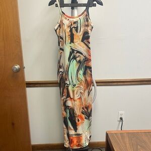 Sleeveless Marble Print Maxi Dress in Orange, Black & Mint